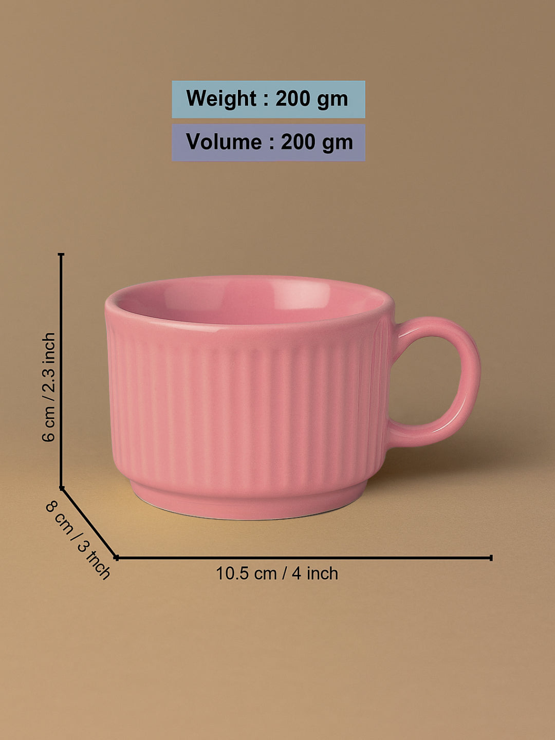 Studio Pottery Stackable Ribbed Ceramic Coffee Mugs (200 ml, Set of 6, Pastel Pink) - View 3