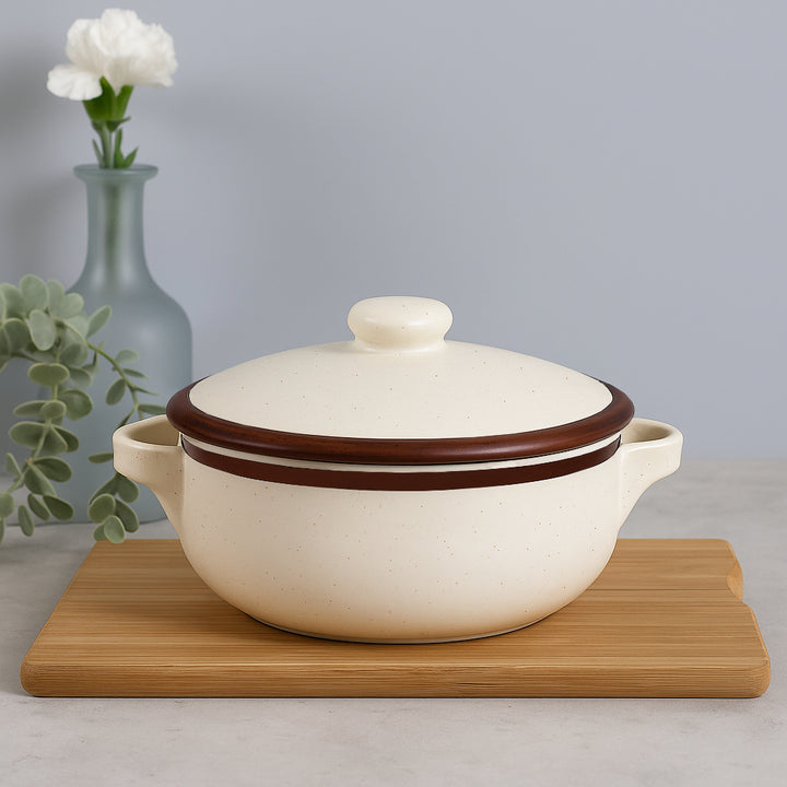 Matte Finish Ceramic Serving Donga with Lid and Handle (1500 ml, Off White)