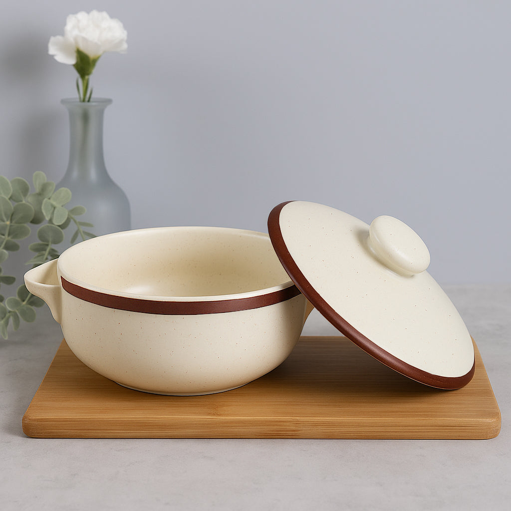 Matte Finish Ceramic Serving Donga with Lid and Handle (1500 ml, Off White) - View 4