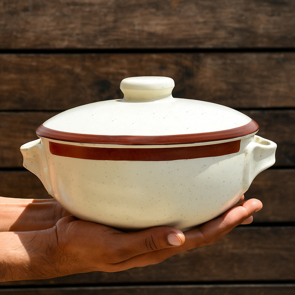 Matte Finish Ceramic Serving Donga with Lid and Handle (1500 ml, Off White) - View 2