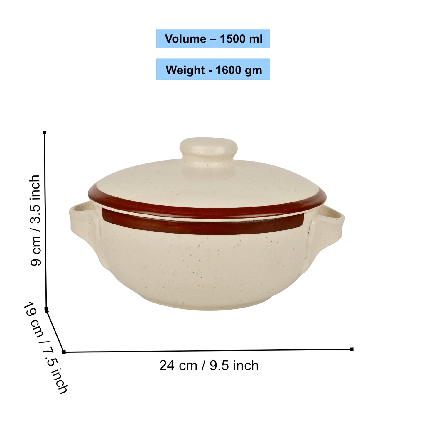 Matte Finish Ceramic Serving Donga with Lid and Handle (1500 ml, Off White) - View 3