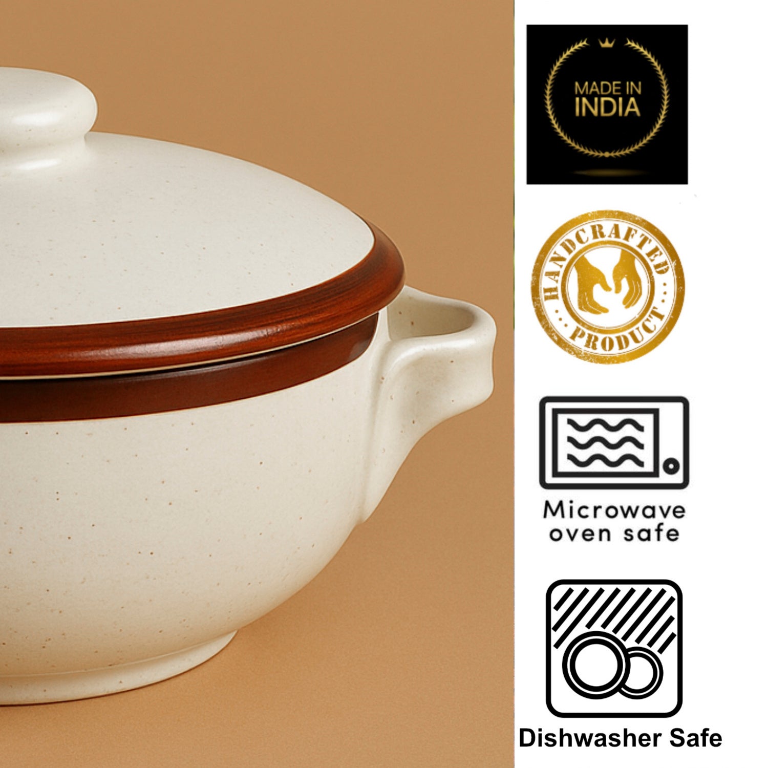 Matte Finish Ceramic Serving Donga with Lid and Handle (1500 ml, Off White) - View 5
