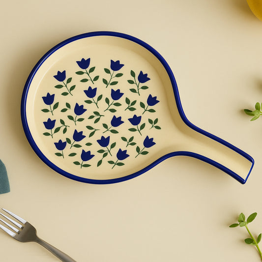 Hand-Painted Floral Design Ceramic Pizza Pan with Handle (8 inches, Blue, Green)
