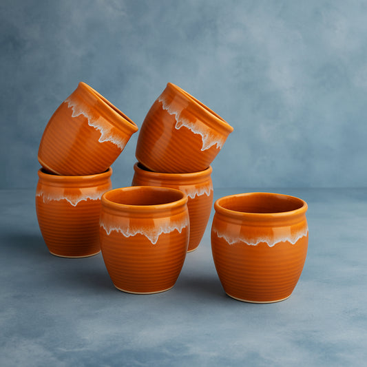 Studio Pottery Drip Glazed Ceramic Tea Kullads (Set of 6, Terracotta
Orange and White)