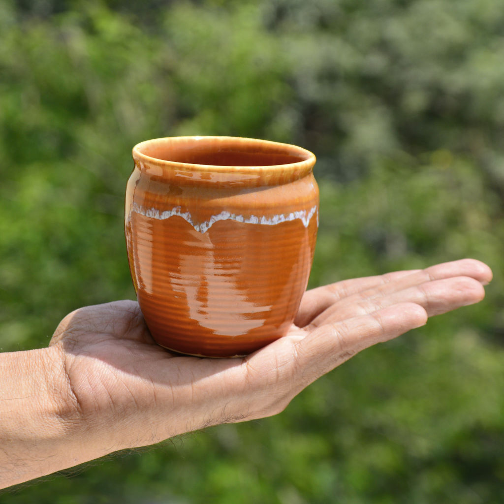 Studio Pottery Drip Glazed Ceramic Tea Kullads (Set of 6, Terracotta
Orange and White) - View 2