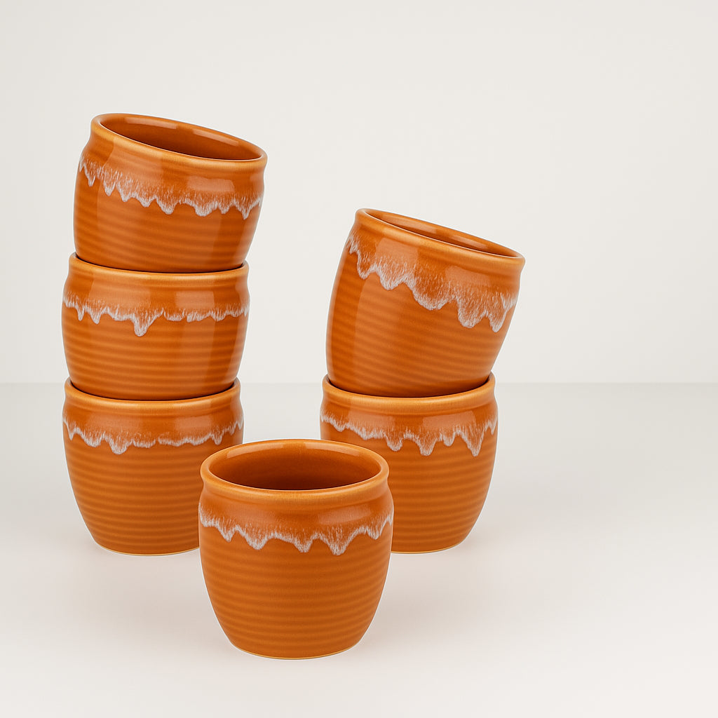 Studio Pottery Drip Glazed Ceramic Tea Kullads (Set of 6, Terracotta
Orange and White) - View 3