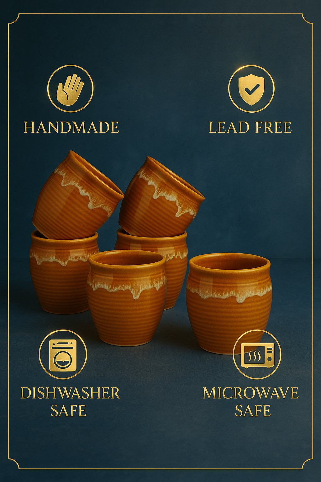 Studio Pottery Drip Glazed Ceramic Tea Kullads (Set of 6, Terracotta
Orange and White) - View 5