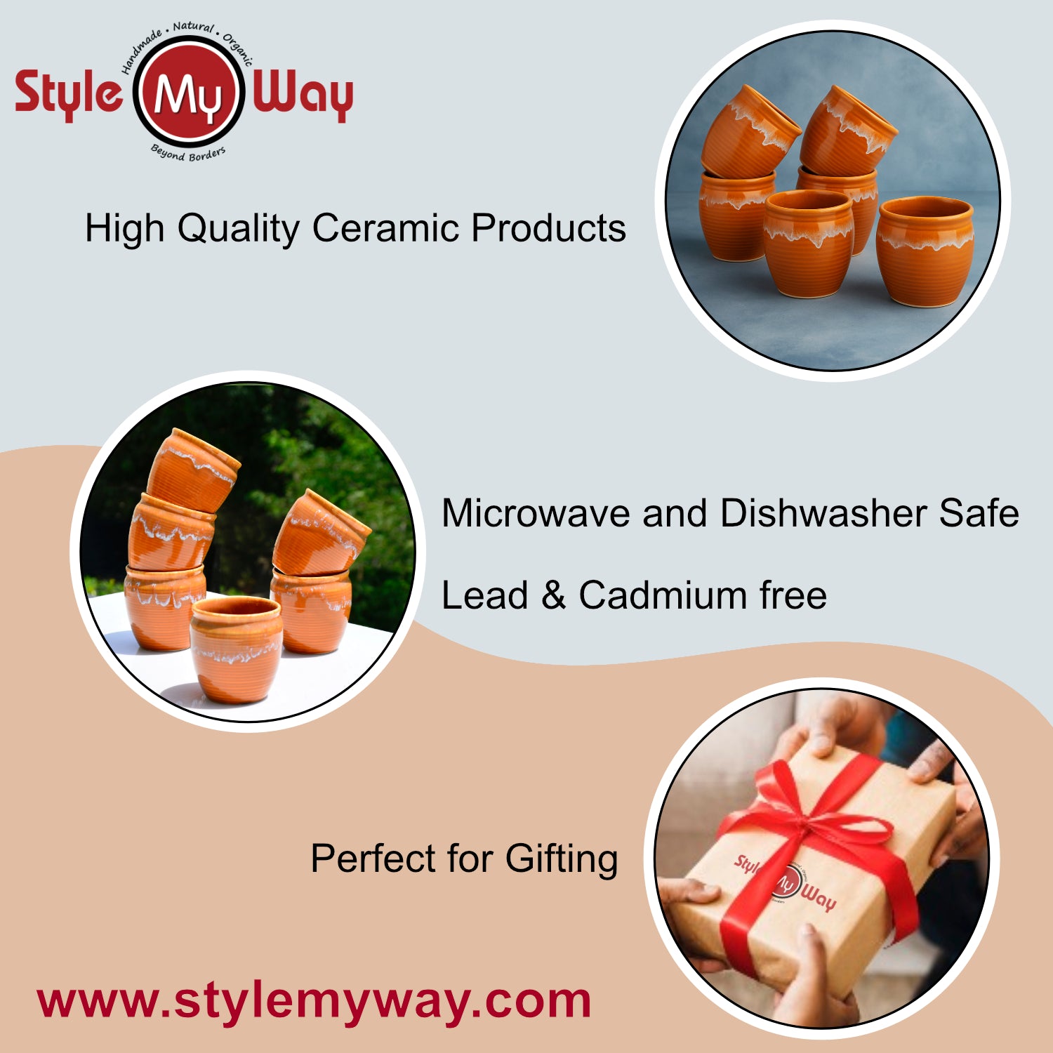 Studio Pottery Drip Glazed Ceramic Tea Kullads (Set of 6, Terracotta
Orange and White) - View 6
