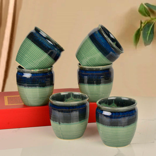 Studio Pottery Drip Glazed Ceramic Tea Kullads (Set of 6, Pastel Green & Blue Glaze)