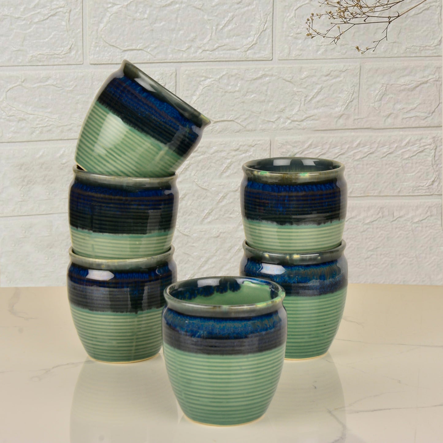 Studio Pottery Drip Glazed Ceramic Tea Kullads (Set of 6, Pastel Green & Blue Glaze) - View 3