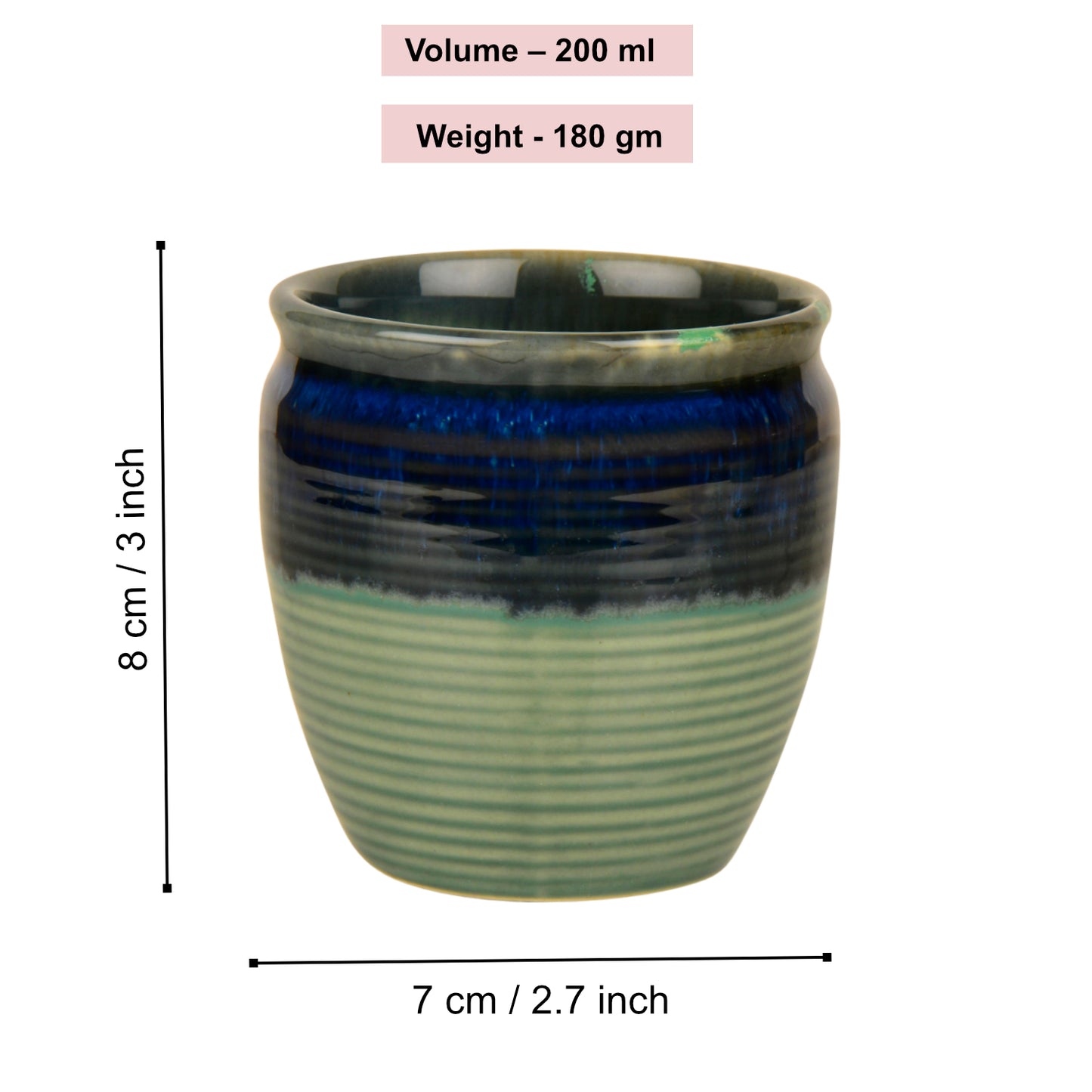Studio Pottery Drip Glazed Ceramic Tea Kullads (Set of 6, Pastel Green & Blue Glaze) - View 4