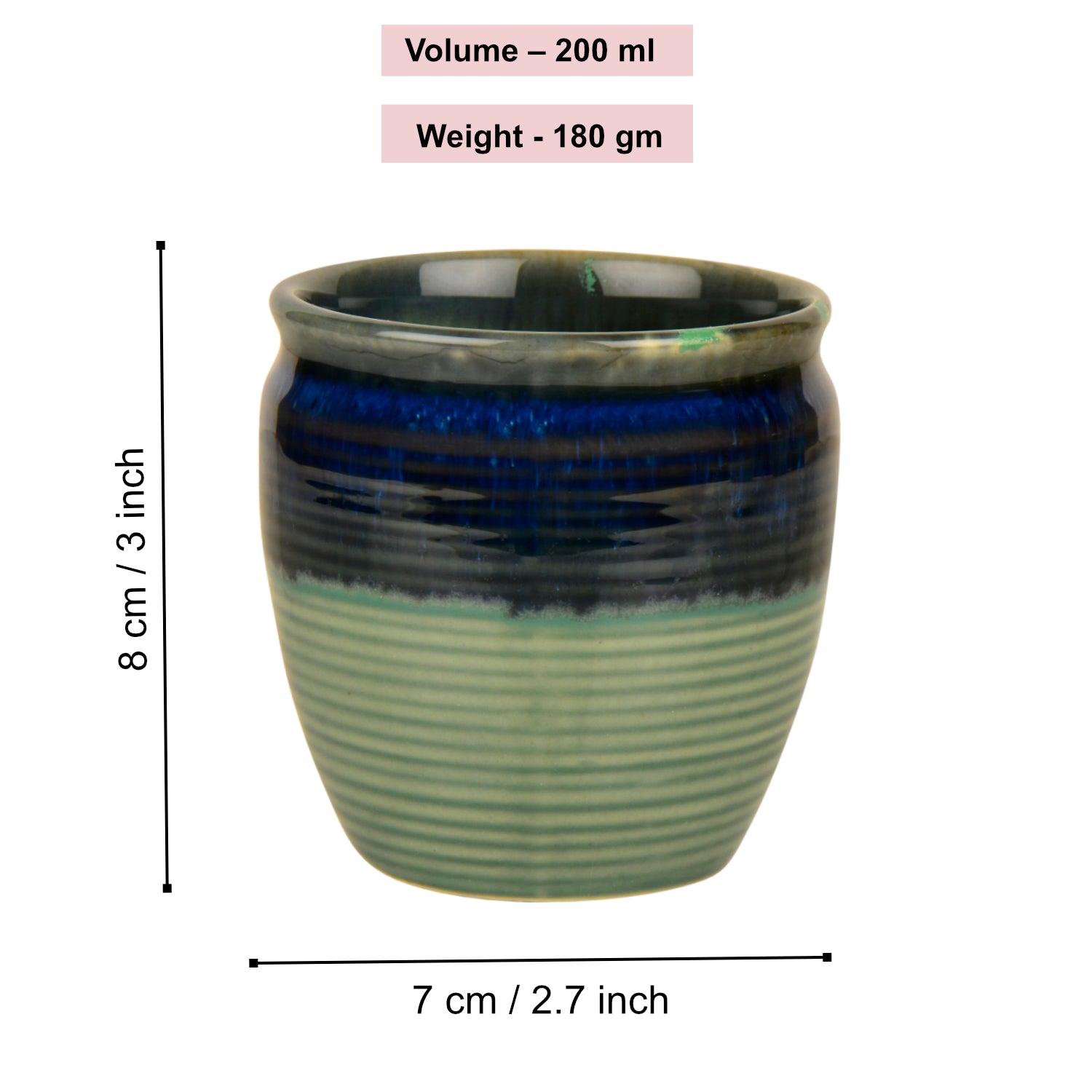 Studio Pottery Drip Glazed Ceramic Tea Kullads (Set of 6, Pastel Green & Blue Glaze) - View 4