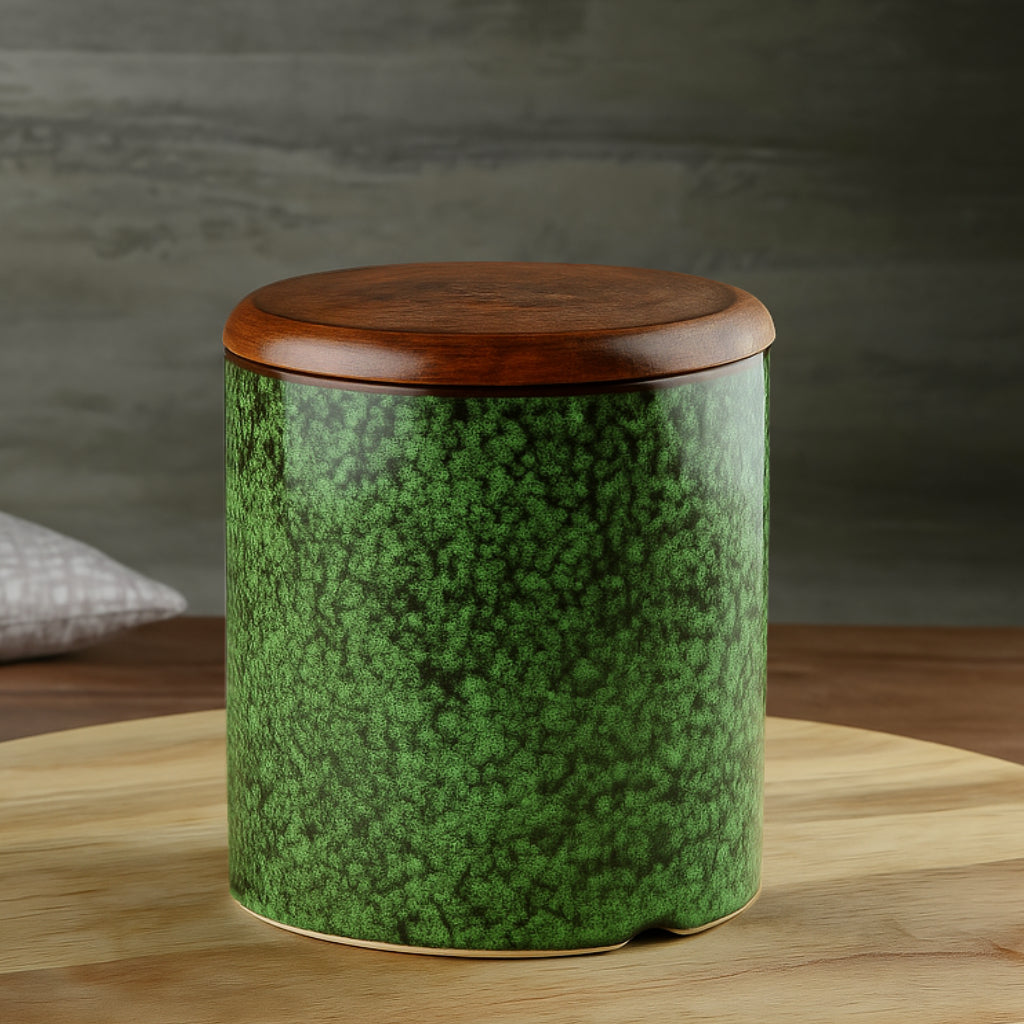 Hand Glazed Multi Utility Airtight Ceramic Jar with Sheesham Wood Lid (750 ml, Textured Green)