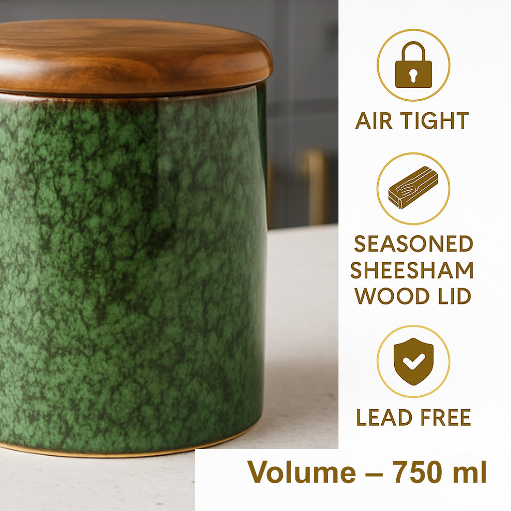 Hand Glazed Multi Utility Airtight Ceramic Jar with Sheesham Wood Lid (750 ml, Textured Green) - View 4