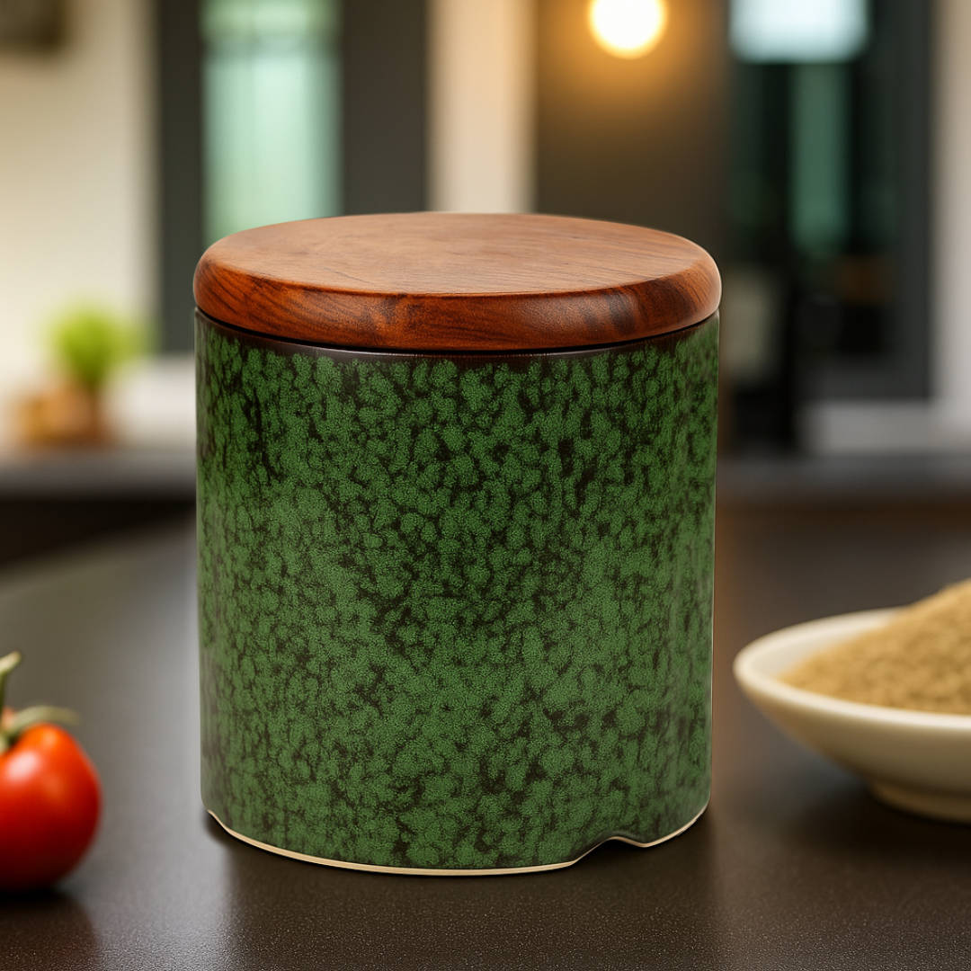Hand Glazed Multi Utility Airtight Ceramic Jar with Sheesham Wood Lid (750 ml, Textured Green) - View 5