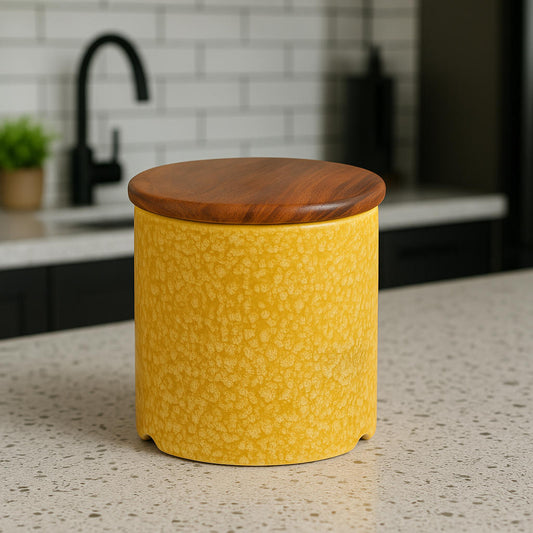 Hand Glazed Multi Utility Airtight Ceramic Jar with Sheesham Wood Lid (750 ml, Mustard Yellow)