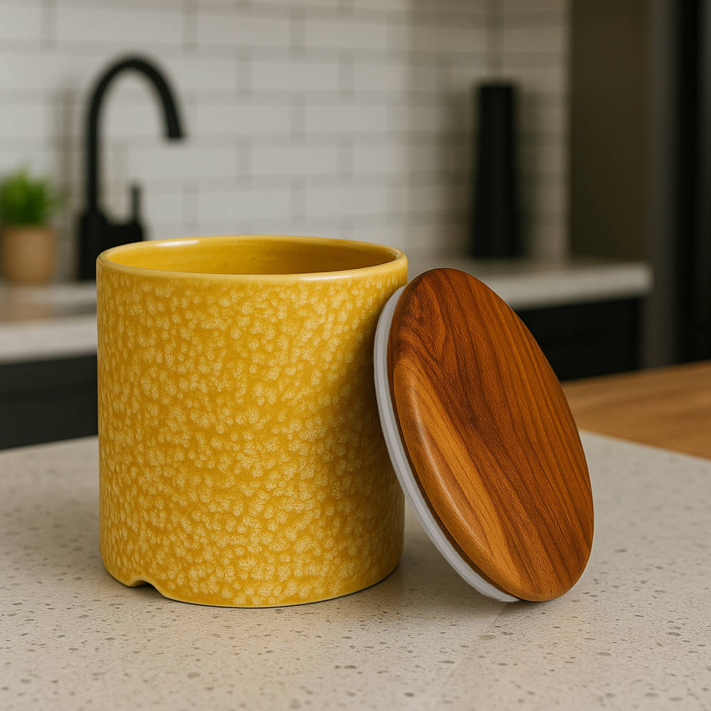 Hand Glazed Multi Utility Airtight Ceramic Jar with Sheesham Wood Lid (750 ml, Mustard Yellow) - View 3