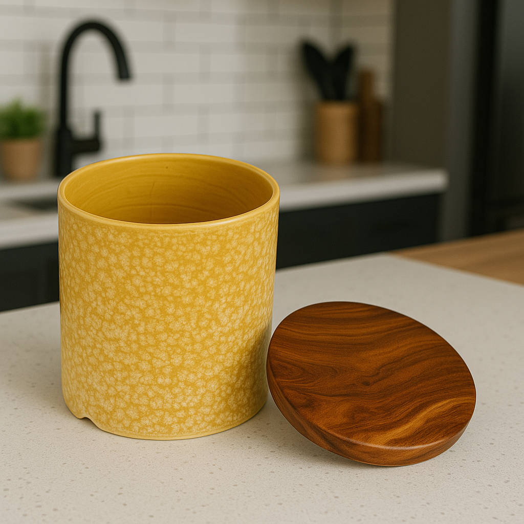 Hand Glazed Multi Utility Airtight Ceramic Jar with Sheesham Wood Lid (750 ml, Mustard Yellow) - View 4