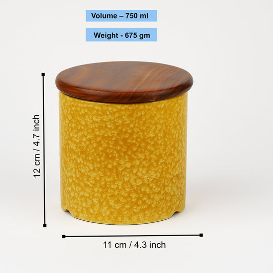 Hand Glazed Multi Utility Airtight Ceramic Jar with Sheesham Wood Lid (750 ml, Mustard Yellow) - View 2
