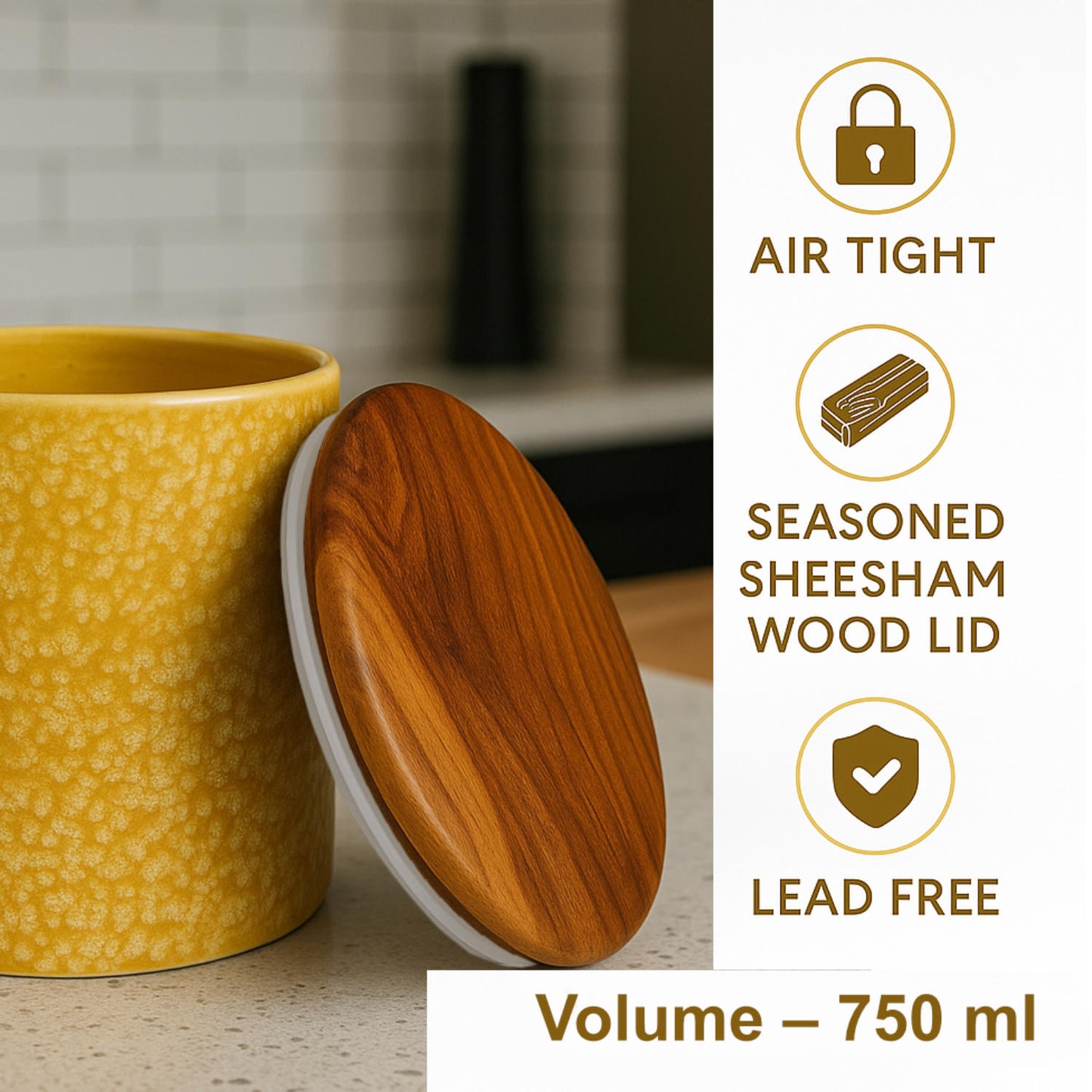 Hand Glazed Multi Utility Airtight Ceramic Jar with Sheesham Wood Lid (750 ml, Mustard Yellow) - View 6