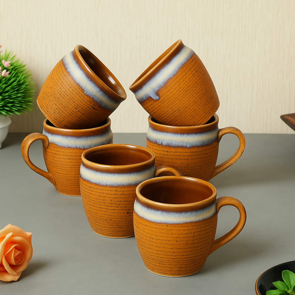 Studio Pottery Ceramic Coffee Mugs (200 ml, Set of 6, Earthy Brown, Sky Blue )