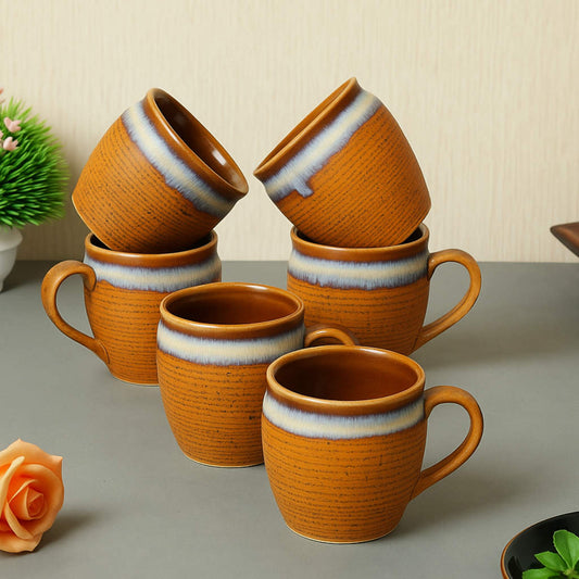 Studio Pottery Ceramic Coffee Mugs (200 ml, Set of 6, Earthy Brown, Sky Blue )