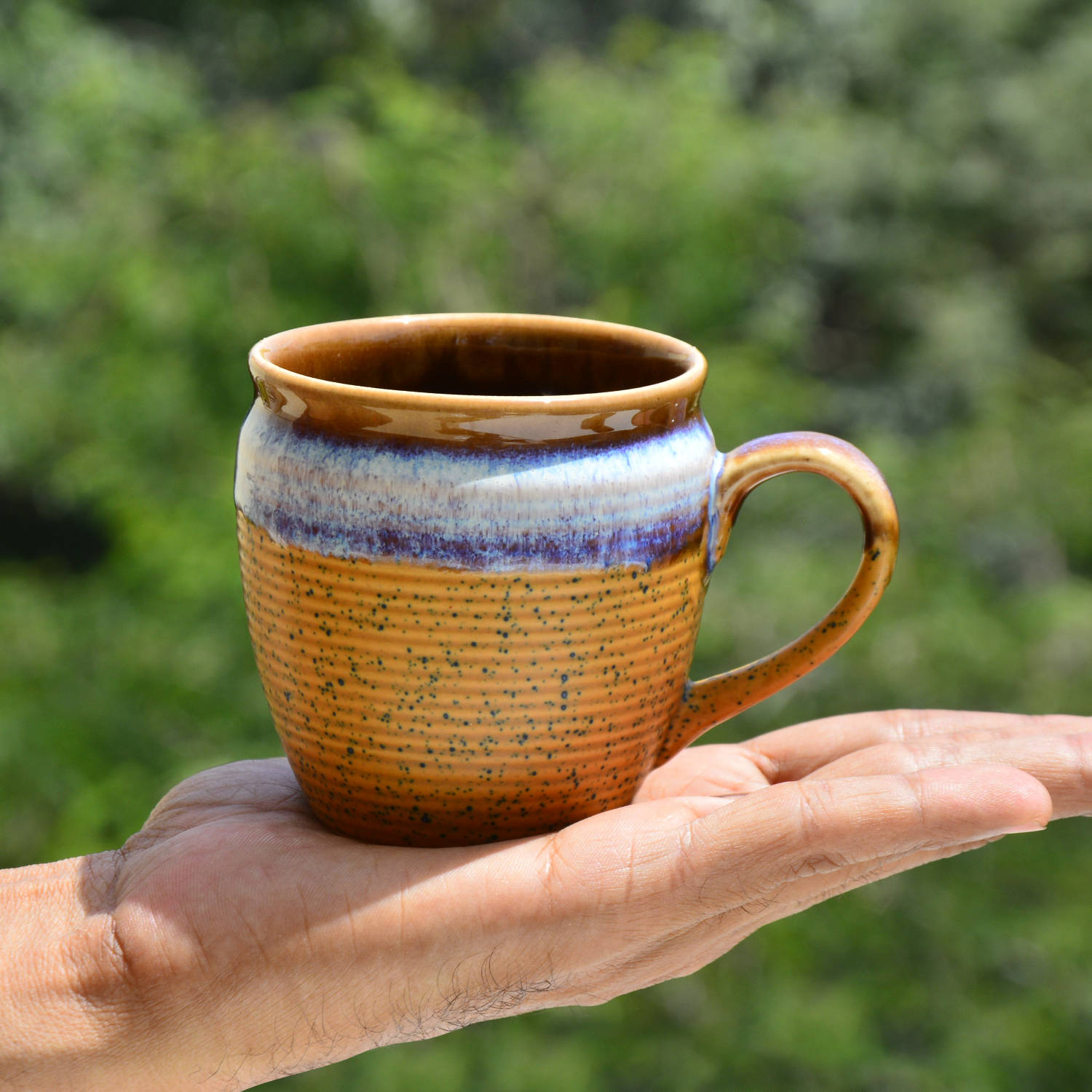 Studio Pottery Ceramic Coffee Mugs (200 ml, Set of 6, Earthy Brown, Sky Blue ) - View 2