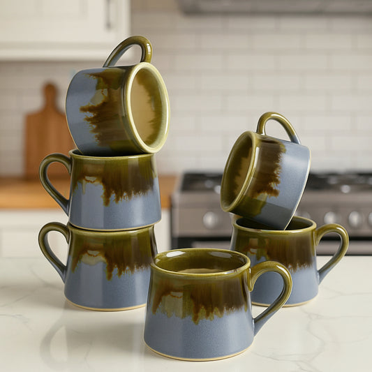 Studio Pottery Ceramic Coffee Mugs (200 ml, Set of 6, Artistic Blue, Olive Drip Glaze)