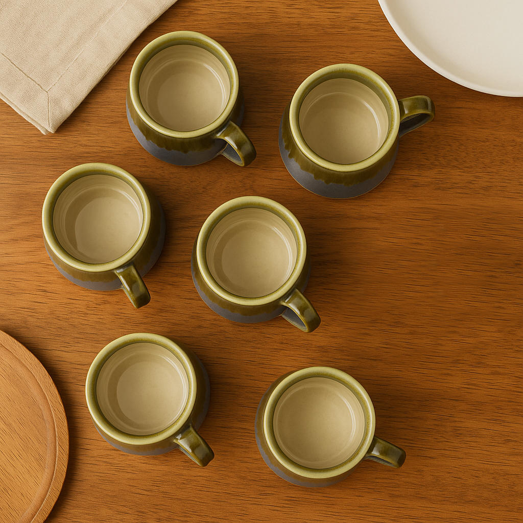 Studio Pottery Ceramic Coffee Mugs (200 ml, Set of 6, Artistic Blue, Olive Drip Glaze) - View 3