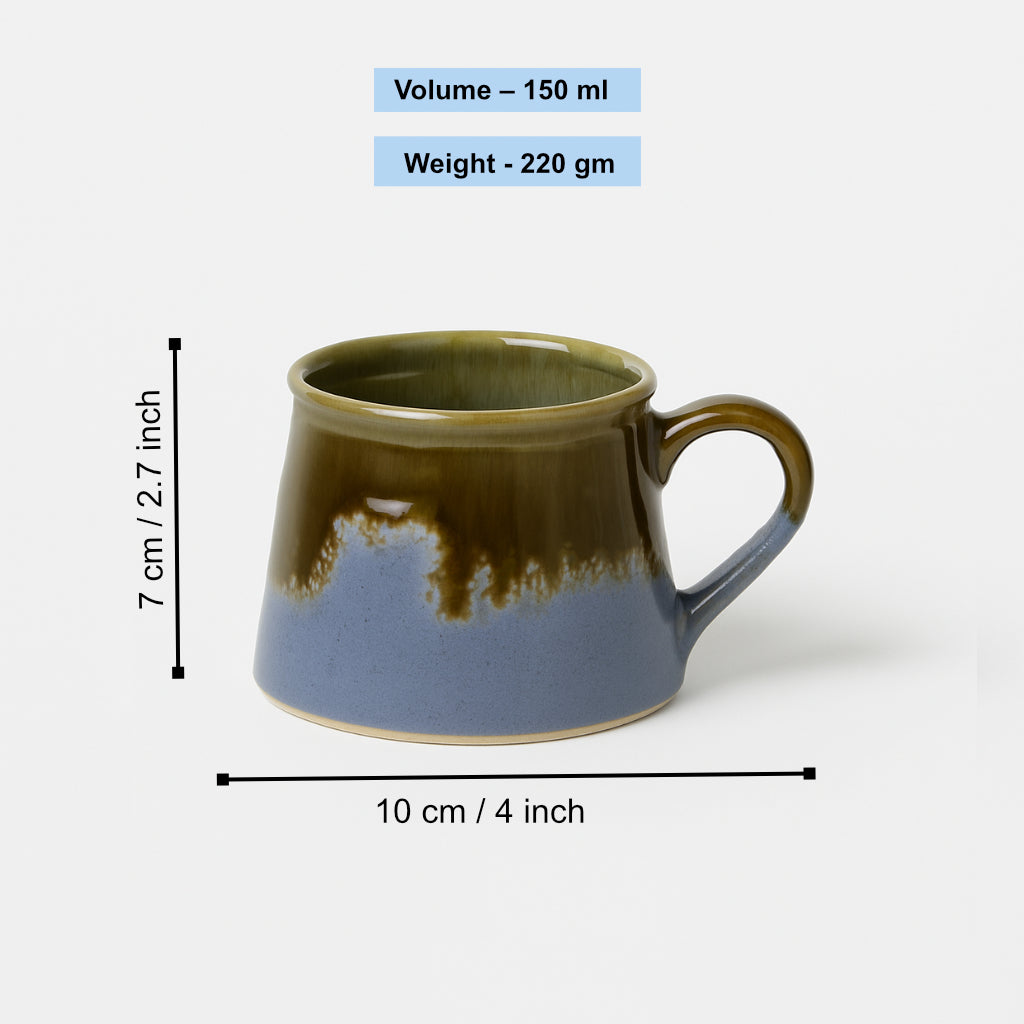 Studio Pottery Ceramic Coffee Mugs (200 ml, Set of 6, Artistic Blue, Olive Drip Glaze) - View 2