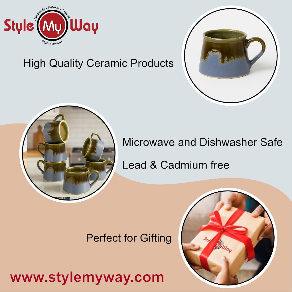 Studio Pottery Ceramic Coffee Mugs (200 ml, Set of 6, Artistic Blue, Olive Drip Glaze) - View 4