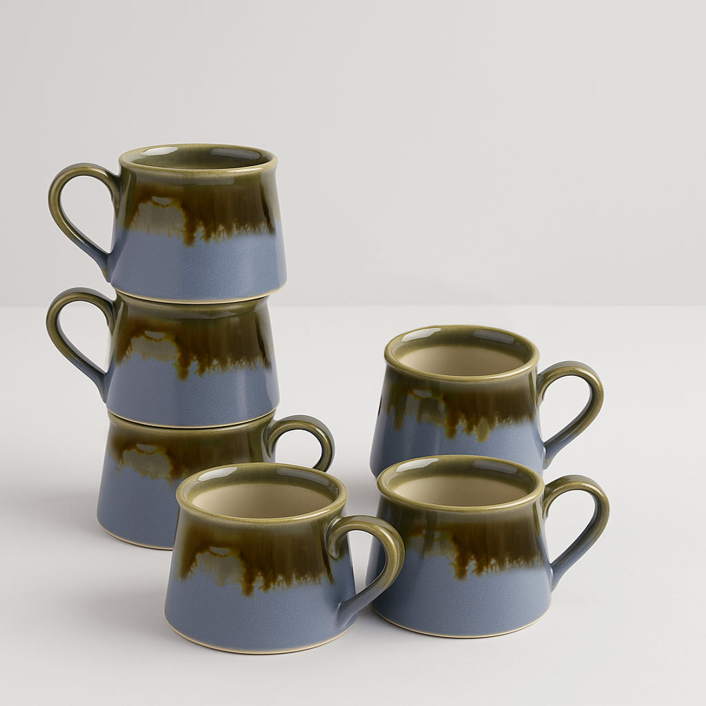 Studio Pottery Ceramic Coffee Mugs (200 ml, Set of 6, Artistic Blue, Olive Drip Glaze) - View 5