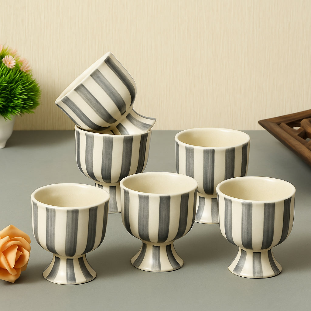Studio Pottery Handmade Ceramic Ice Cream Cups (150 ml, Set of 6, Ivory & Charcoal Grey Striped Glaze)