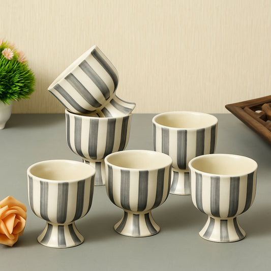 Studio Pottery Handmade Ceramic Ice Cream Cups (150 ml, Set of 6, Ivory & Charcoal Grey Striped Glaze)