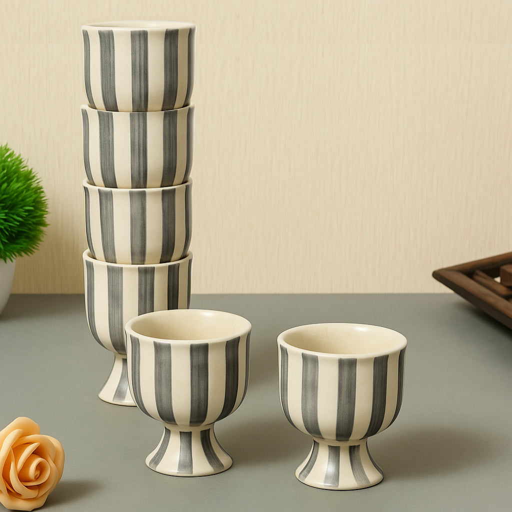 Studio Pottery Handmade Ceramic Ice Cream Cups (150 ml, Set of 6, Ivory & Charcoal Grey Striped Glaze) - View 3