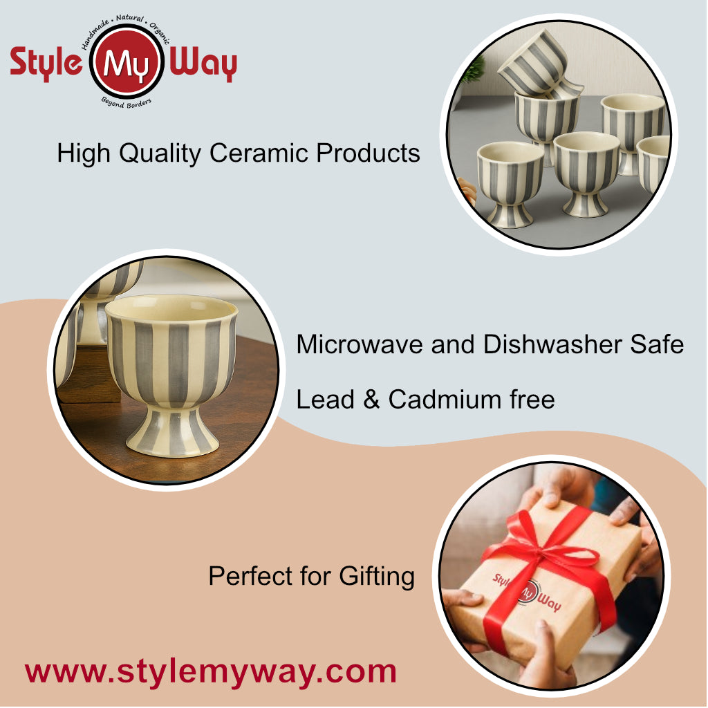 Studio Pottery Handmade Ceramic Ice Cream Cups (150 ml, Set of 6, Ivory & Charcoal Grey Striped Glaze) - View 4