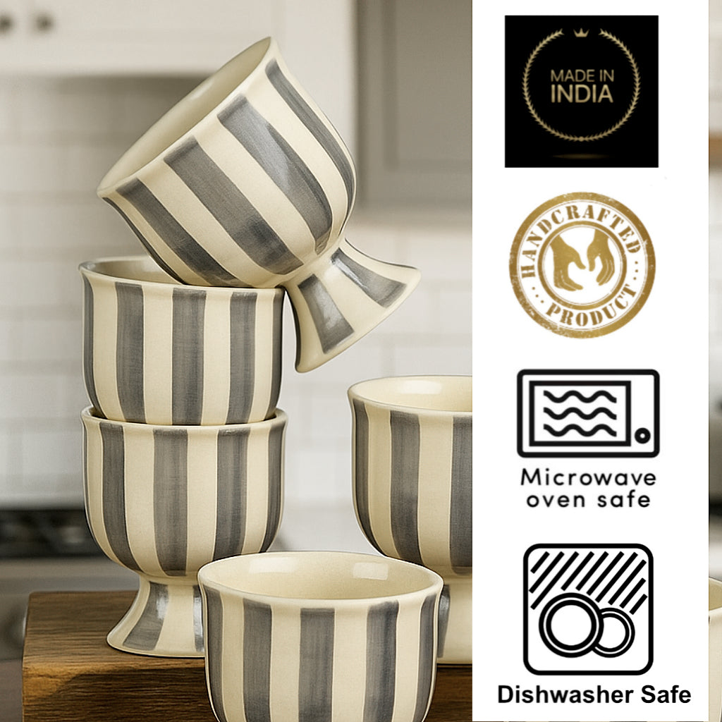 Studio Pottery Handmade Ceramic Ice Cream Cups (150 ml, Set of 6, Ivory & Charcoal Grey Striped Glaze) - View 5
