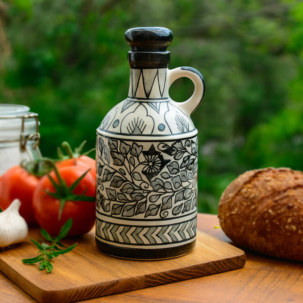 'Monochrome Elegance' Hand-Painted Ceramic Oil Bottle (1000 ML)