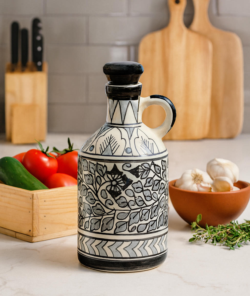 'Monochrome Elegance' Hand-Painted Ceramic Oil Bottle (1000 ML) - View 3