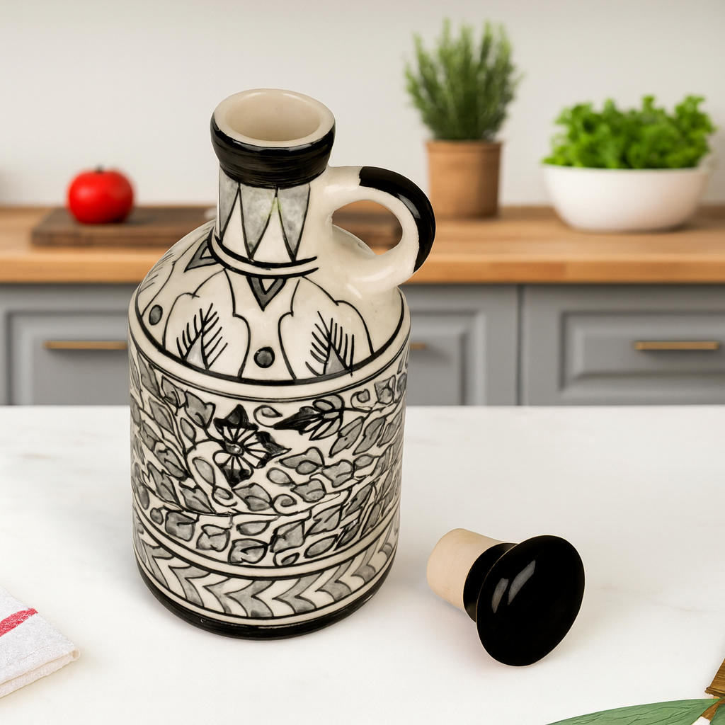 'Monochrome Elegance' Hand-Painted Ceramic Oil Bottle (1000 ML) - View 5