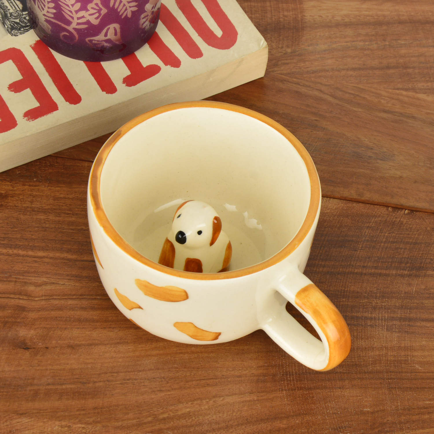 Handcrafted 3D Dog Ceramic Milk and Coffee Mug with Artisanal Glaze (350 ml, Cream with Amber Rim)