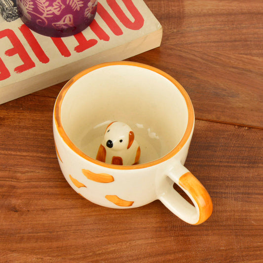 Handcrafted 3D Dog Ceramic Milk and Coffee Mug with Artisanal Glaze (350 ml, Cream with Amber Rim)