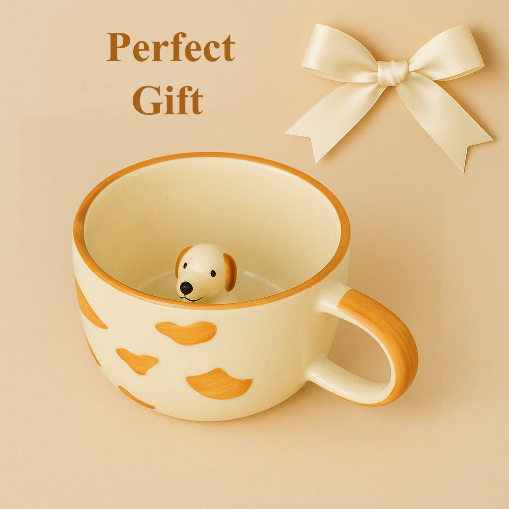 Handcrafted 3D Dog Ceramic Milk and Coffee Mug with Artisanal Glaze (350 ml, Cream with Amber Rim) - View 3