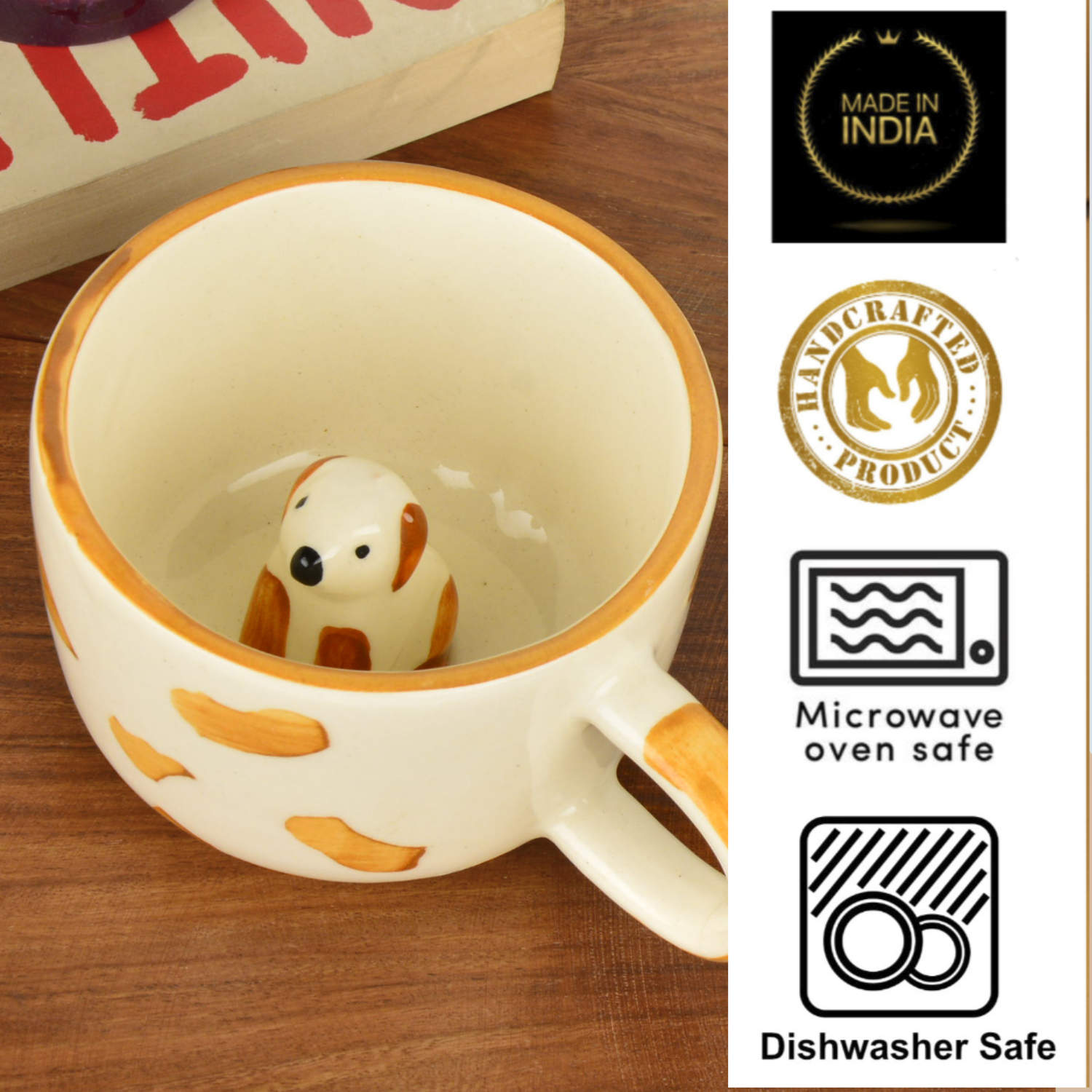 Handcrafted 3D Dog Ceramic Milk and Coffee Mug with Artisanal Glaze (350 ml, Cream with Amber Rim) - View 5