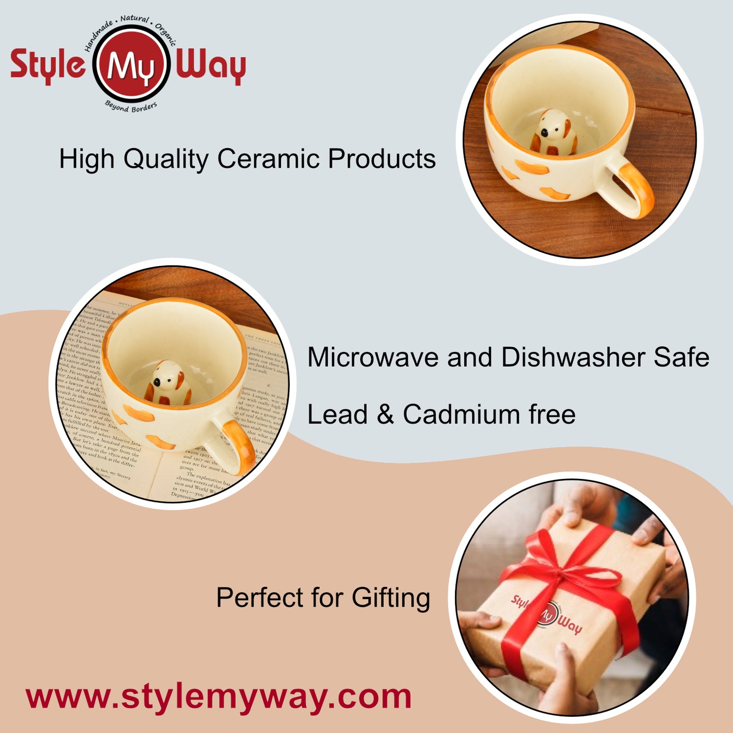 Handcrafted 3D Dog Ceramic Milk and Coffee Mug with Artisanal Glaze (350 ml, Cream with Amber Rim) - View 6