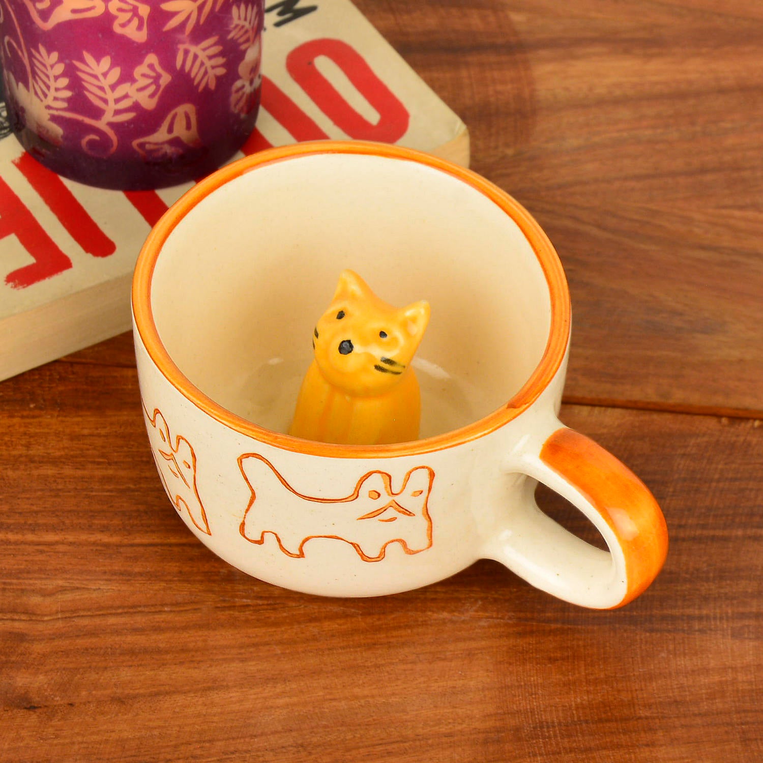 Handcrafted 3D Cat Ceramic Milk and Coffee Mug with Artisanal Glaze (350 ml, Brown & Yellow)