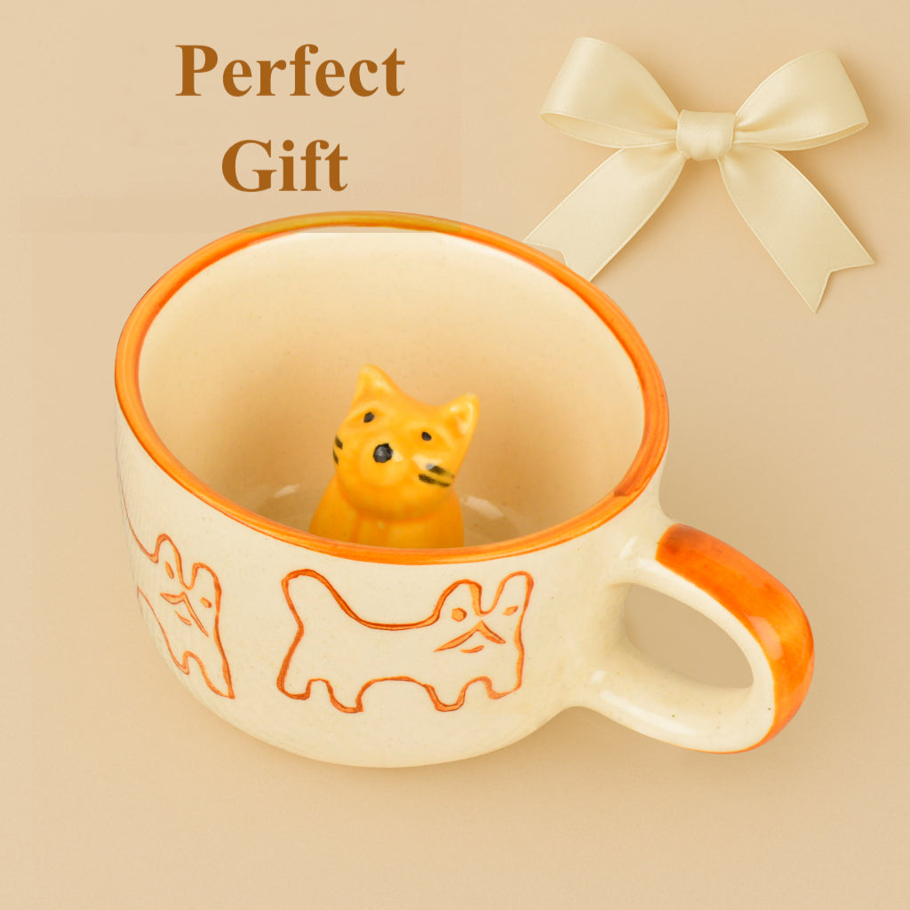 Handcrafted 3D Cat Ceramic Milk and Coffee Mug with Artisanal Glaze (350 ml, Brown & Yellow) - View 3