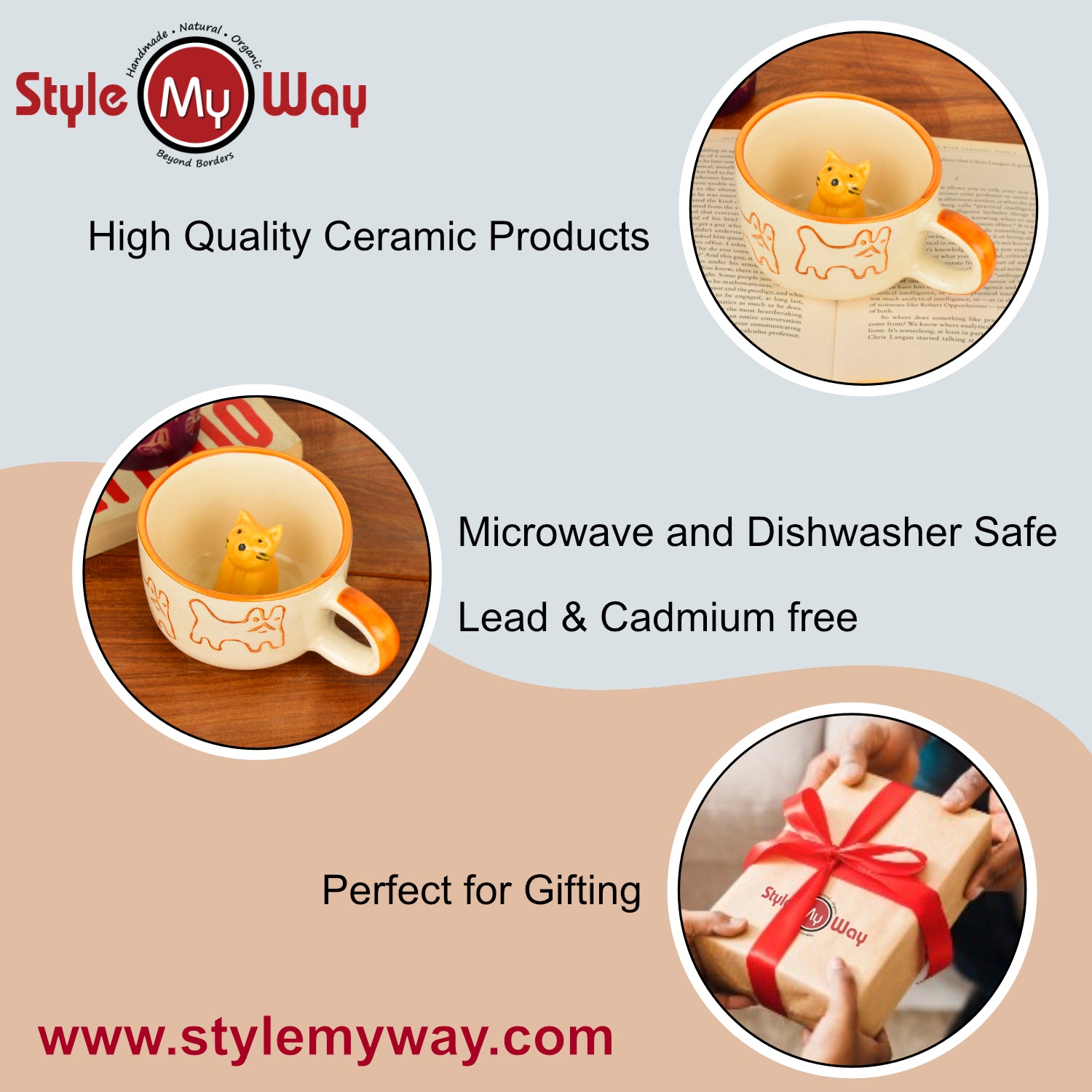 Handcrafted 3D Cat Ceramic Milk and Coffee Mug with Artisanal Glaze (350 ml, Brown & Yellow) - View 4