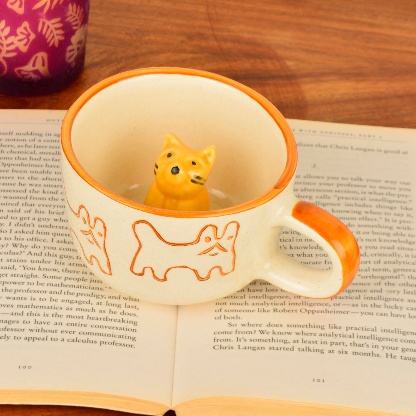 Handcrafted 3D Cat Ceramic Milk and Coffee Mug with Artisanal Glaze (350 ml, Brown & Yellow) - View 5