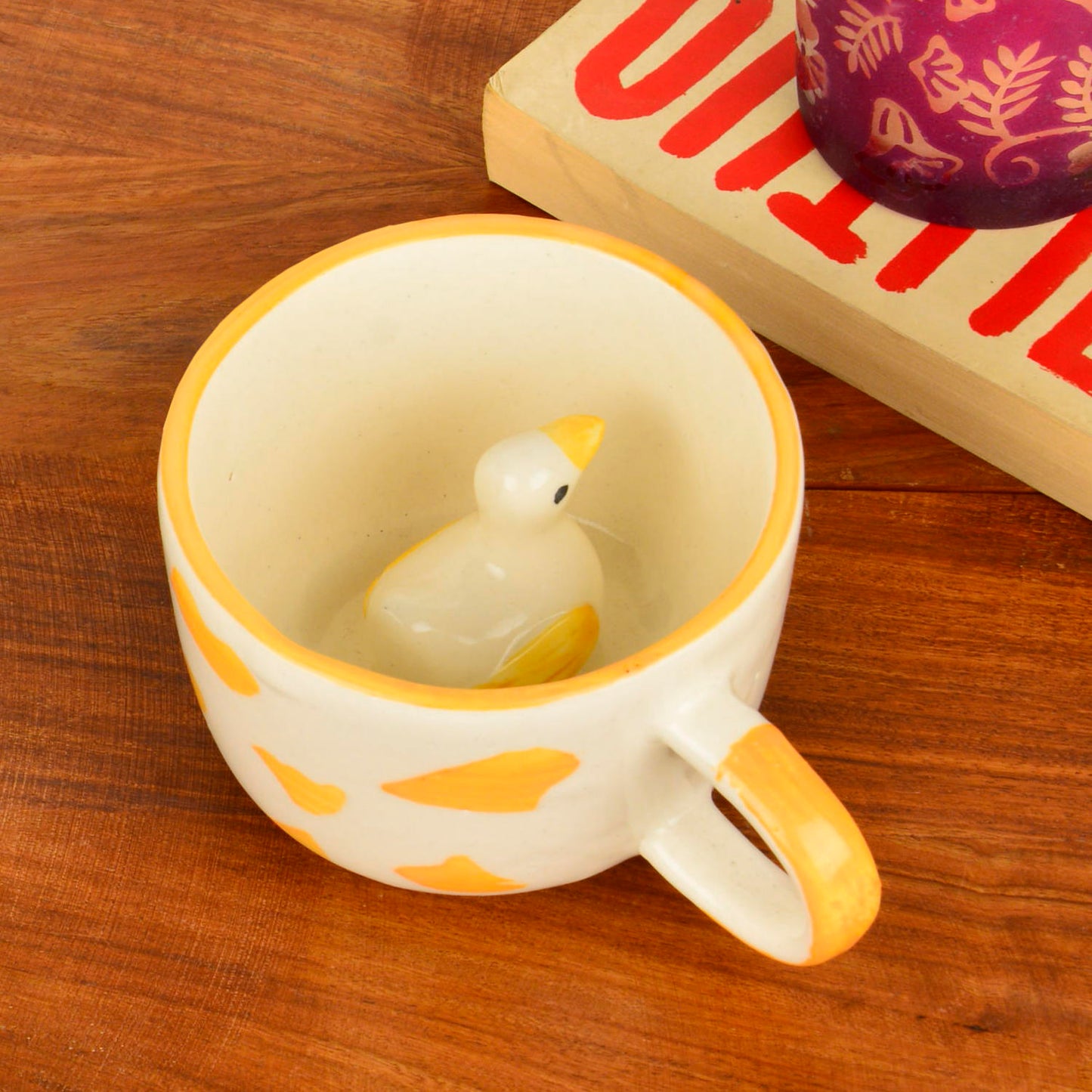 Handcrafted 3D Duck Ceramic Milk and Coffee Mug with Artisanal Glaze (350 ml, Yellow & White)